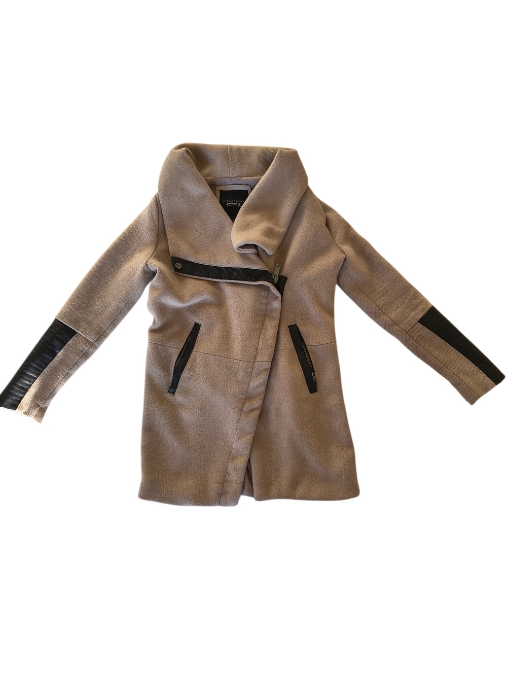 Streetwear Society Taupe Asymmetrical Moto Coat Faux Leather Trim Small